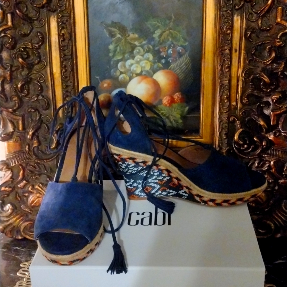 Cabi Isla Espadrille Wedges Blue Suede Leather Ankle Wrap Shoes